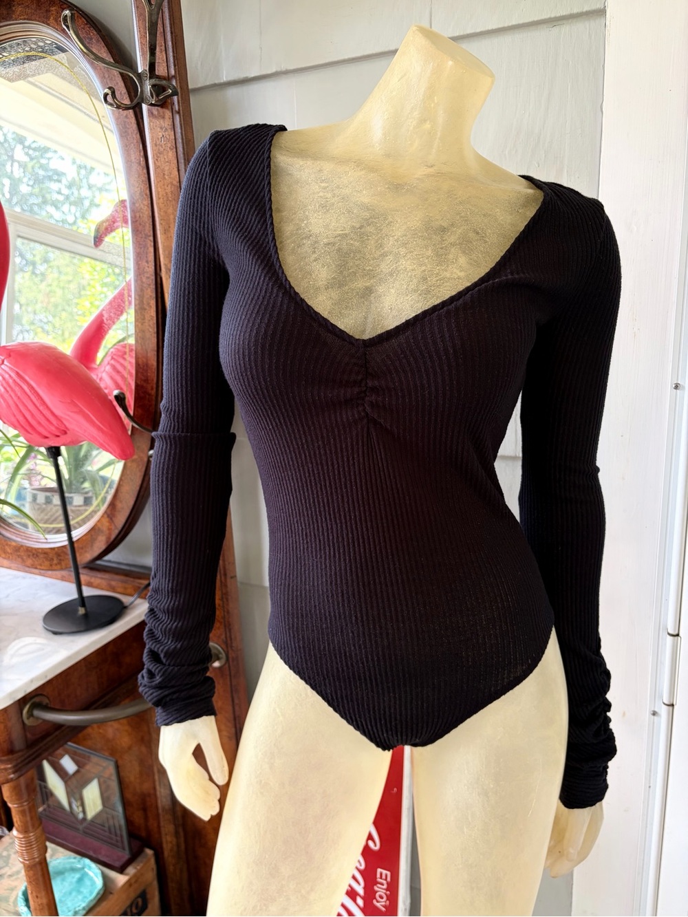 Free People Long-Sleeve Ribbed V-Neck Black Bodysuit